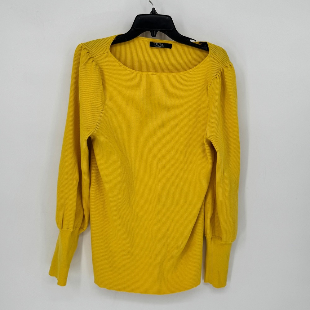Lauren Ralph Lauren Yellow Ribbed Square Neck Puff Sleeve Top Plus 2X Womens